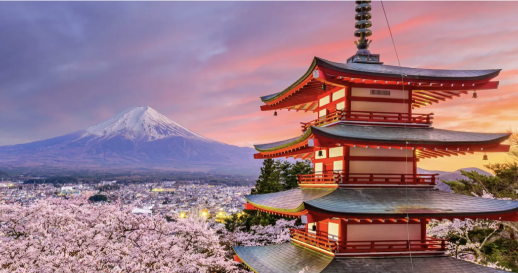 A landscape shot of an oriental style red shaped structure that looks like a shrine looking out onto the horizon to see a snow covered mountain (Mt. Fuji) and many sakura trees and petals with the sunset on the right of the picture.