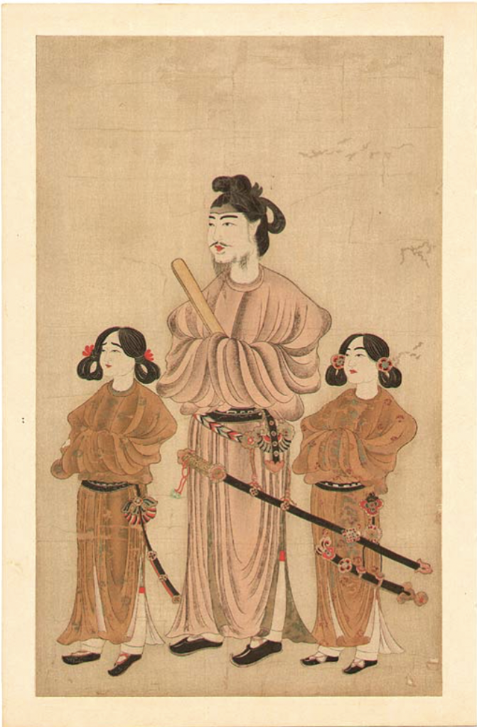 A painting of Prince Shōtoku in a pink robe with an ornate sword on him with his two sons on either side of him in orange-brown robes each with a smaller ornate sword.