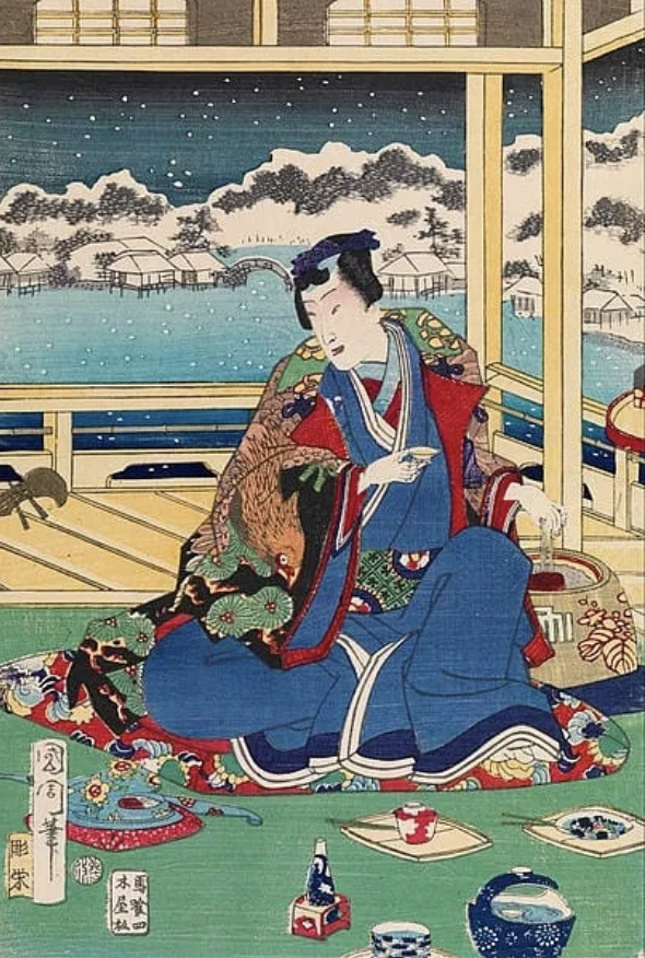 A picture of a man named Genji wearing a blue kimono with white under kimono with a festive red, black, and blue inlay kimono with a picture of a bird on it with flowers. The man is overlooking a mountain range and a village where snow is accumulating while he sits in a room on a green mat.